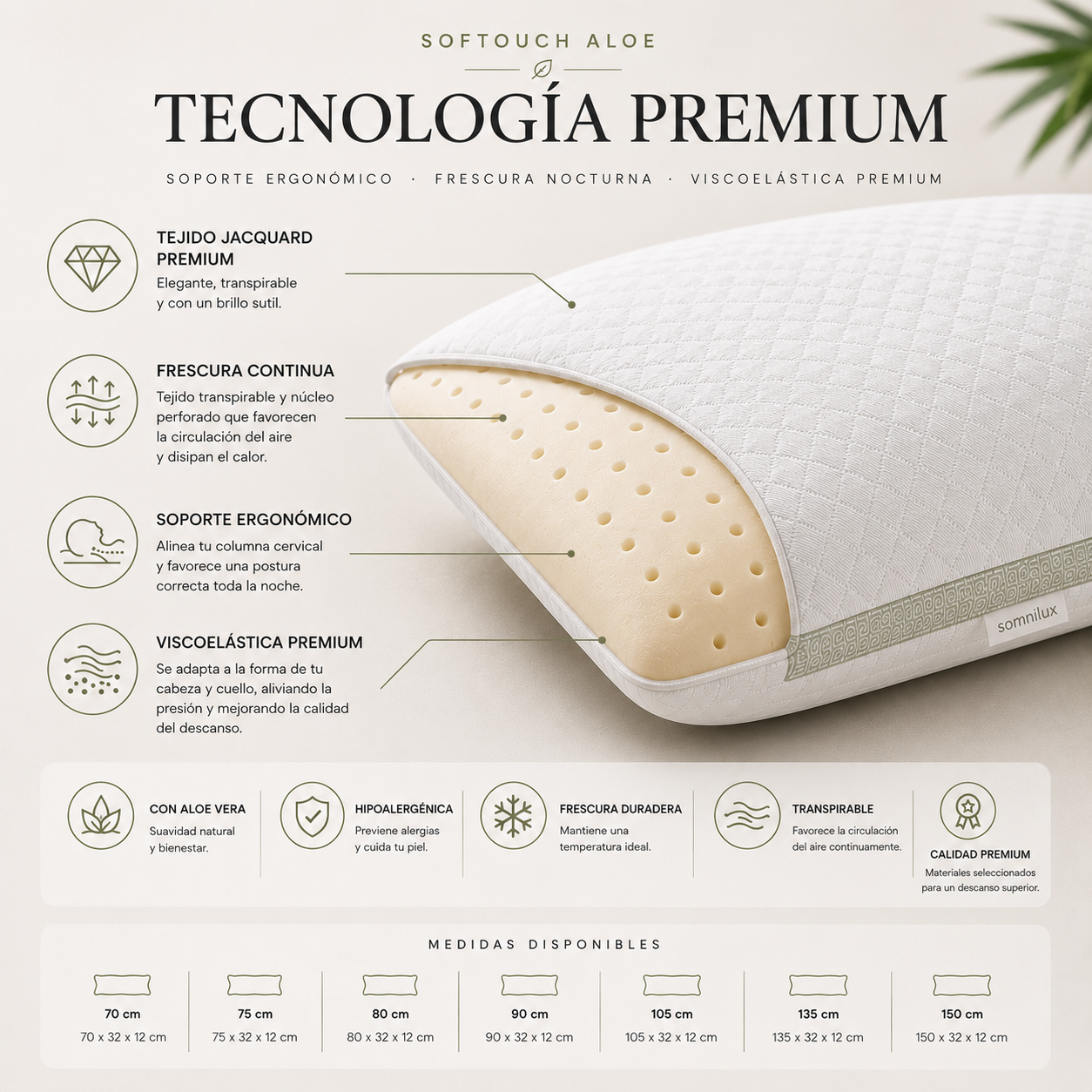 Vista lateral almohada viscoelástica cervical Somnilux Softouch Aloe