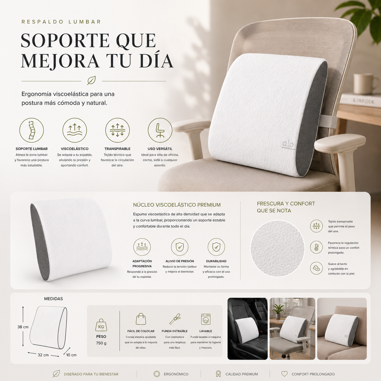 Respaldo lumbar ergonómico para oficina y escritorio | Somnilux Ergo Aloe
