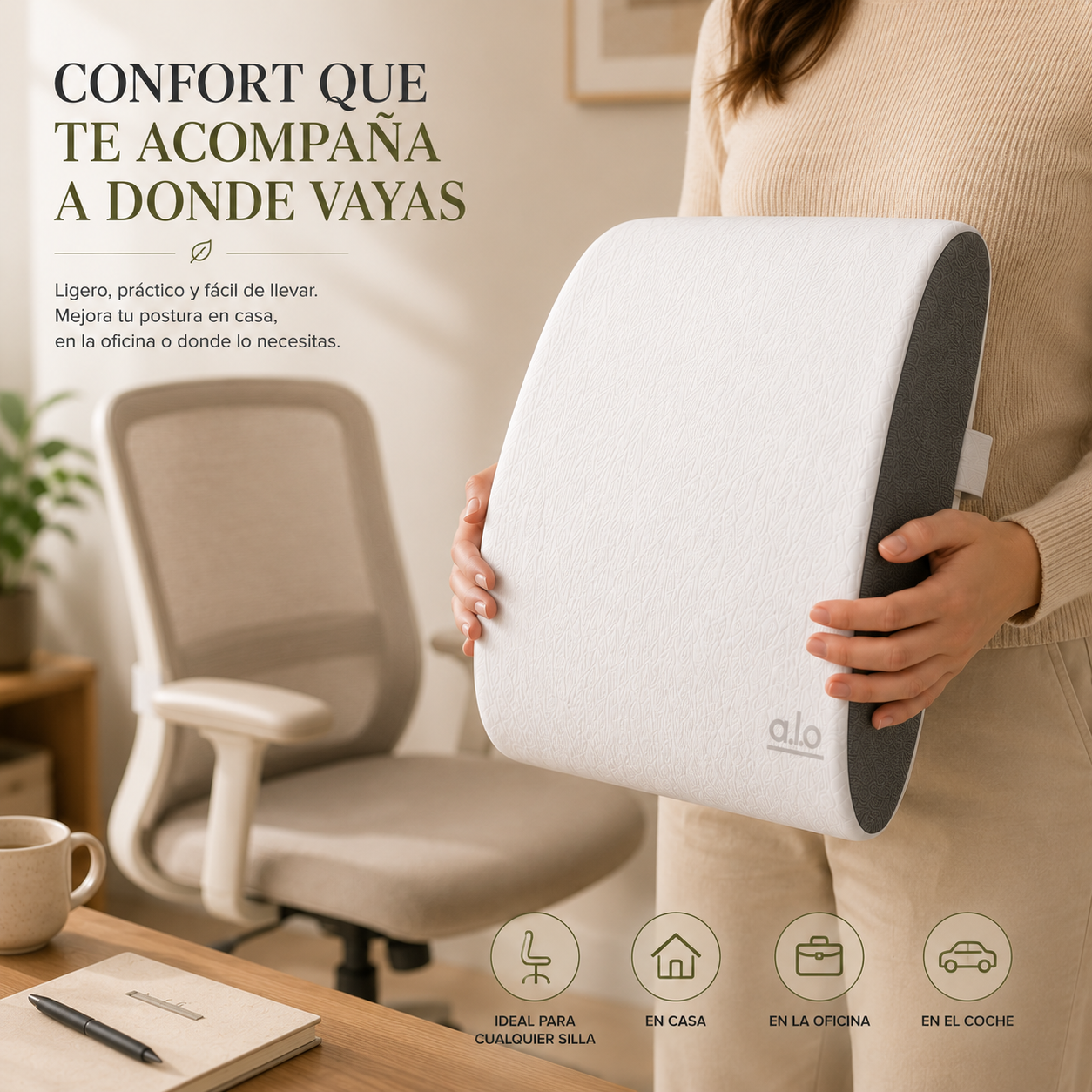 Cojín lumbar viscoelástico para silla y coche | Somnilux Ergo Aloe